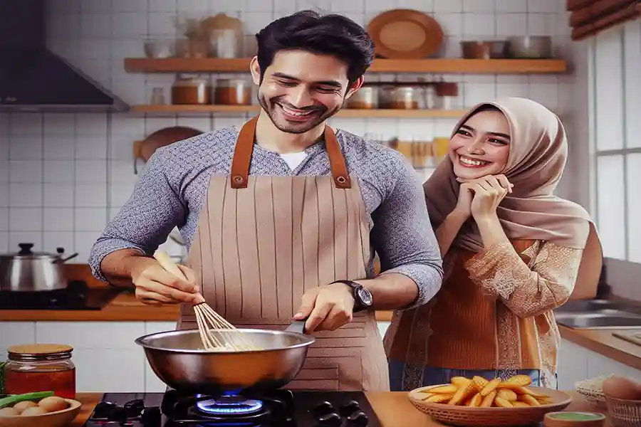 Saat Suami Suka Memasak, Rumah Tangga Makin Hangat dan Keluarga Makin Ceria Ilustrasi suami sedang memasak di rumah