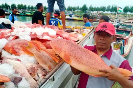Warga menunjukkan hasil tangkapan ikan di Lamongan