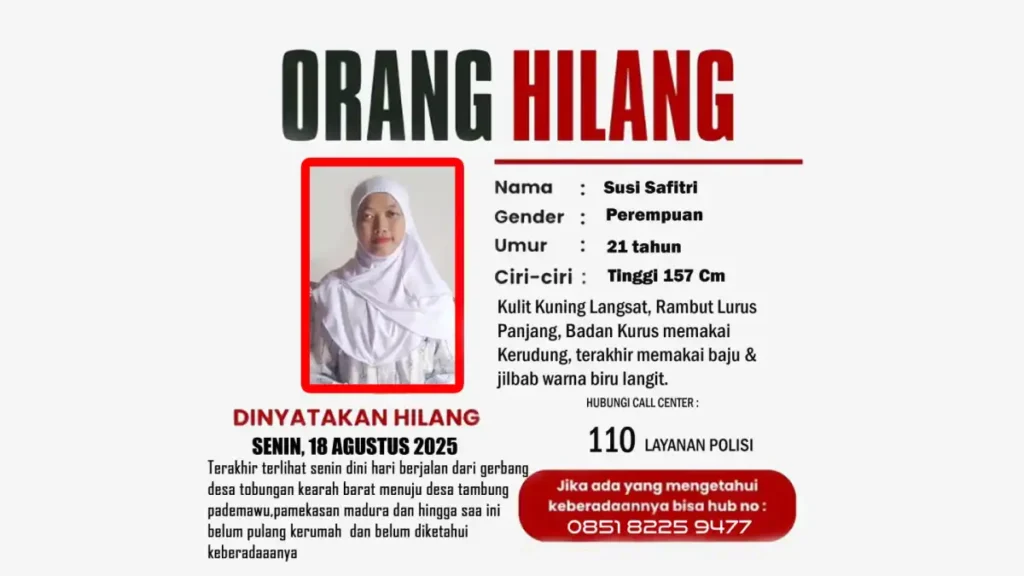 Gadis 21 Tahun Asal Pamekasan Hilang, Terakhir Terekam CCTV Kabur Lewat Jendela Tengah Malam