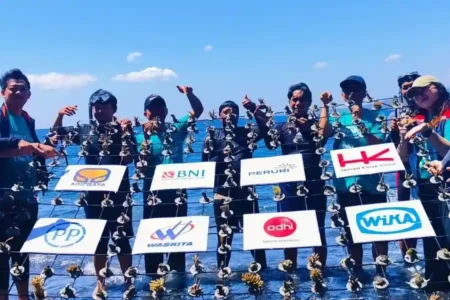 PERURI bersama BUMN dan LMI tanam 2.500 bibit terumbu karang di Bangsring, Banyuwangi untuk pulihkan ekosistem laut dan kembangkan ekowisata.