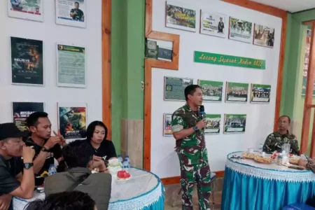 Dandim 0822 Bondowoso, Letkol Arh Achmad Yani saat audiensi dengan sejumlah jurnalis di Kodim setempat, Jumat (19/9/2025). (Deni Ahmad Wijaya/Beritajatim.com)