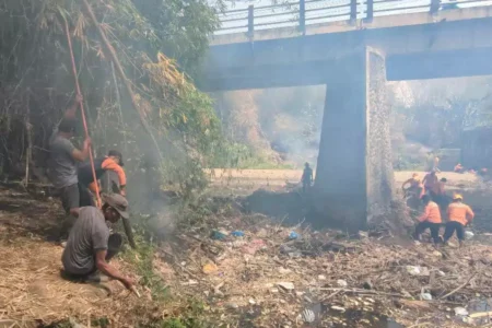 Petugas gabungan membersihkan Sungai Brangkal akibat sumbatan bambu. (Foto : Rendra Bagus Rahadi/Beritajatim.com)