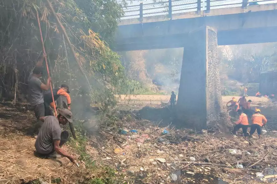 Antisipasi Musim Hujan, Pemdes Dagangan Bersihkan Sungai Brangkal Bersama TNI-Polri Petugas gabungan membersihkan Sungai Brangkal akibat sumbatan bambu. (Foto : Rendra Bagus Rahadi/Beritajatim.com)