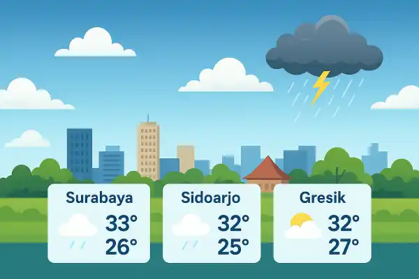 Prakiraan Cuaca Surabaya, Sidoarjo, dan Gresik Hari Ini Sabtu 13 Desember 2025